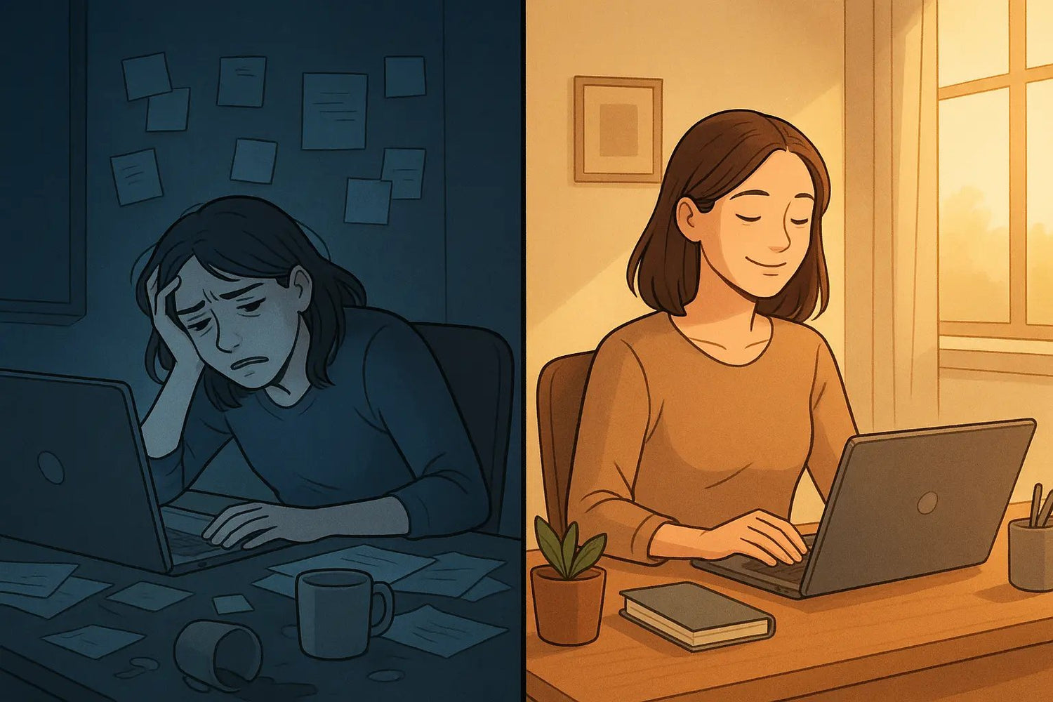 Split-panel illustration showing a woman's home office transforming from chaotic night work to organised afternoon calm through work boundaries