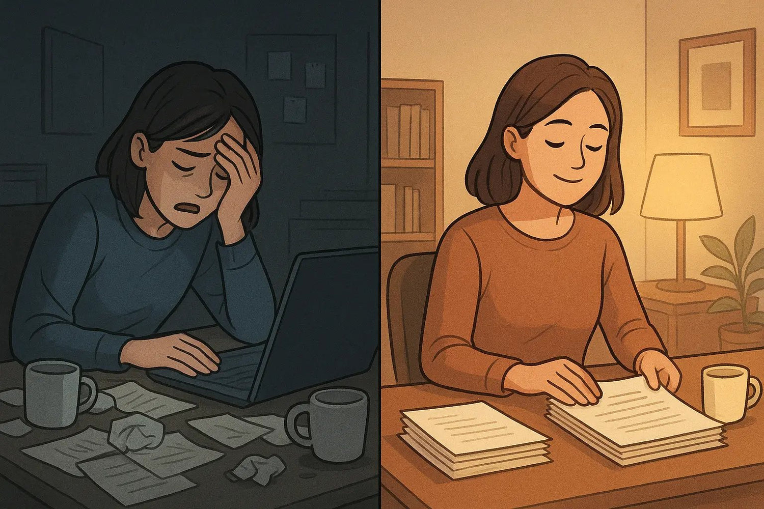 Split panel showing a woman transitioning from frustrated at a cluttered desk to calm while organising at a tidy workspace