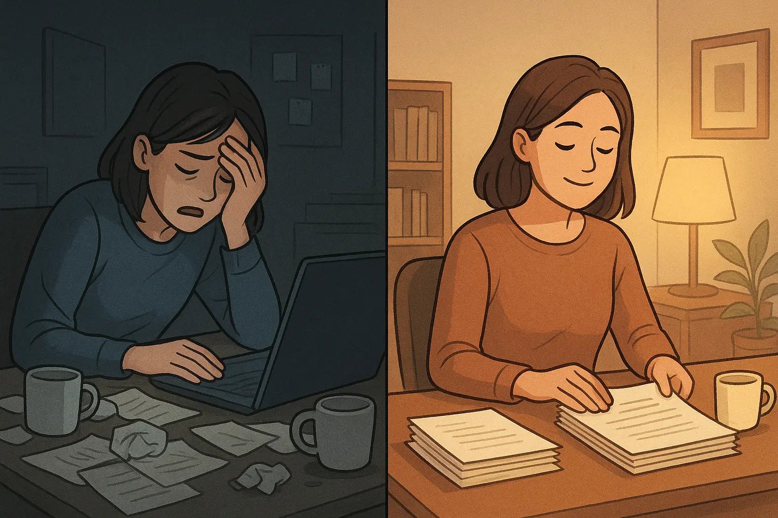 Split panel showing a woman transitioning from frustrated at a cluttered desk to calm while organising at a tidy workspace