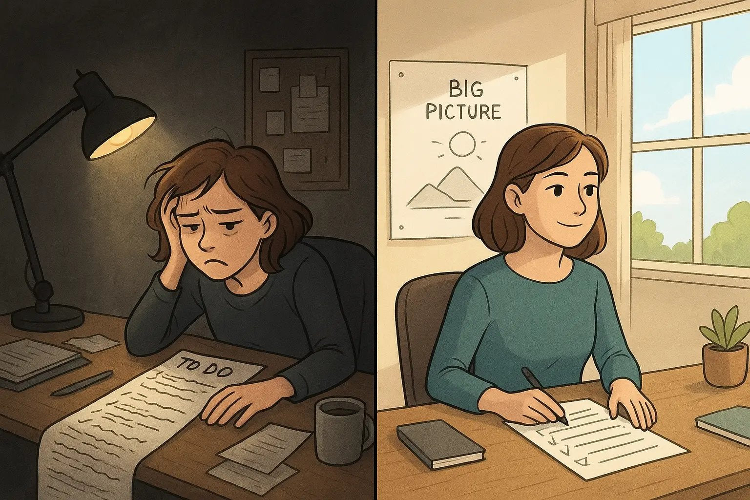 Before-and-after showing a woman transforming from overwhelmed by a chaotic to-do list to calm and focused with her goal visualised on the wall.