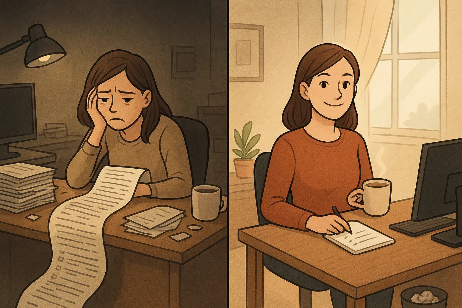 Woman transforms from overwhelmed at cluttered desk with endless to-do list to calm and focused with short, organised list in tidy workspace.