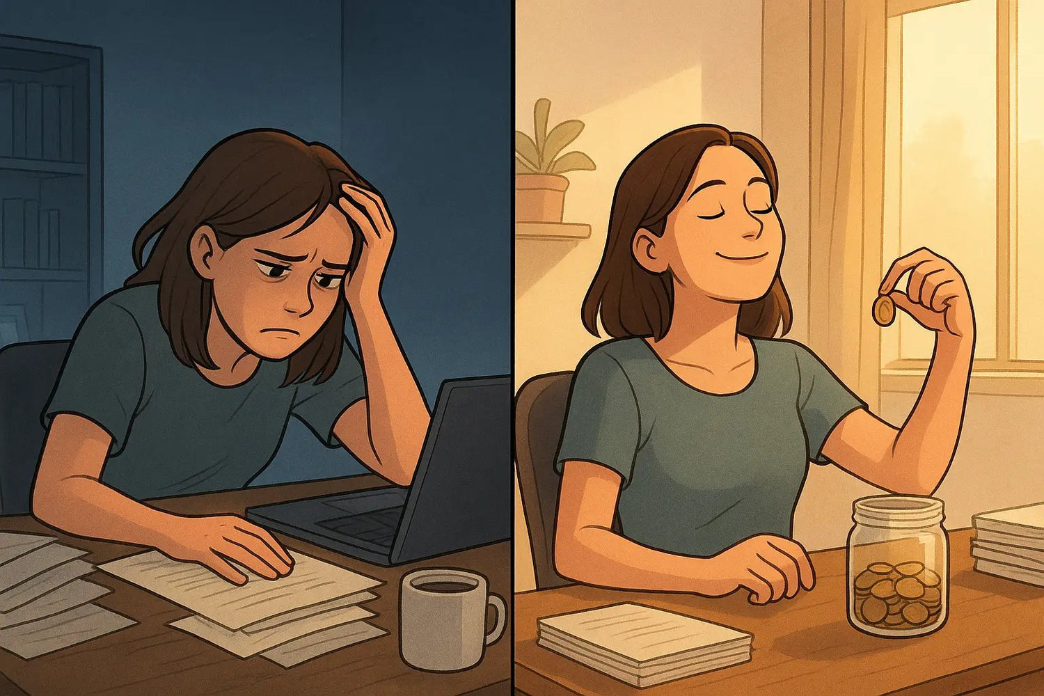 A woman transforms from stressed at a cluttered desk to satisfied at an organised desk, holding a coin to drop in her reward jar.