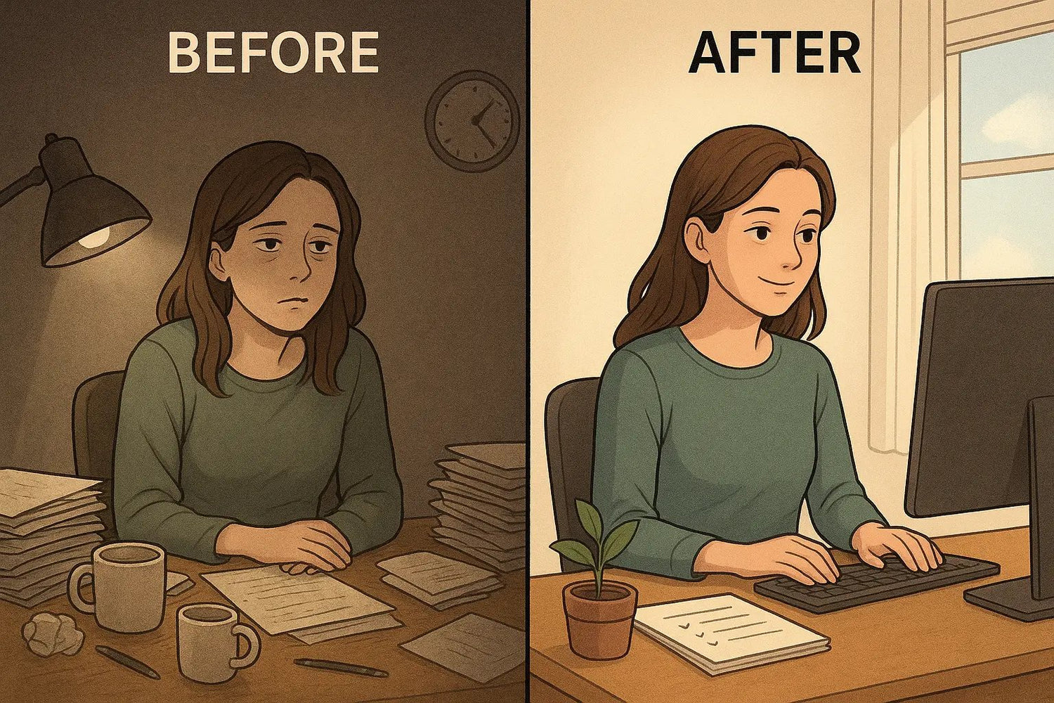 Split-panel illustration showing a woman's transformation from overwhelmed at a messy desk to calm and focused at an organised workspace