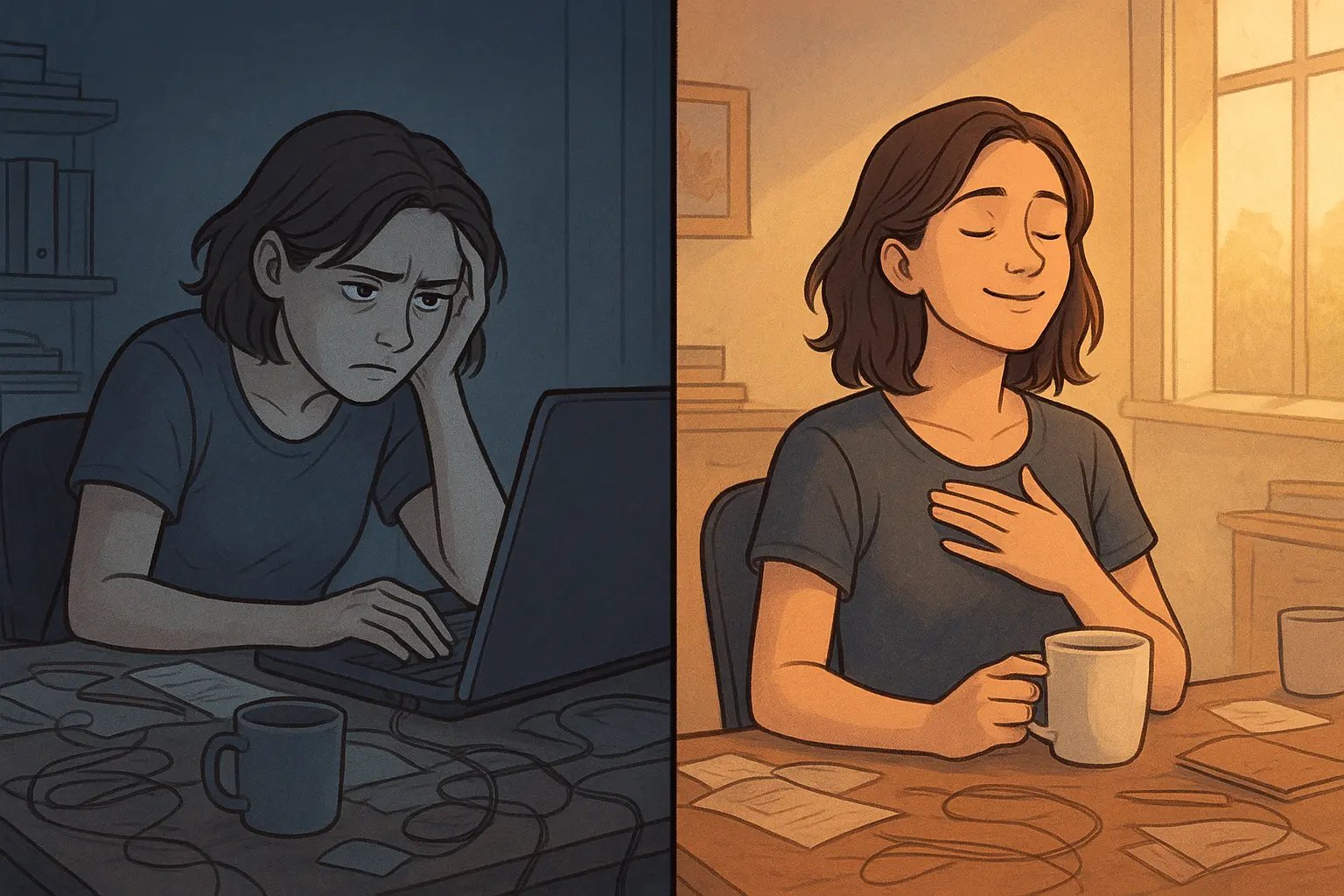 Split-panel illustration showing a woman's transformation from overwhelmed at a messy desk to calm with hand over heart after a soft reset.