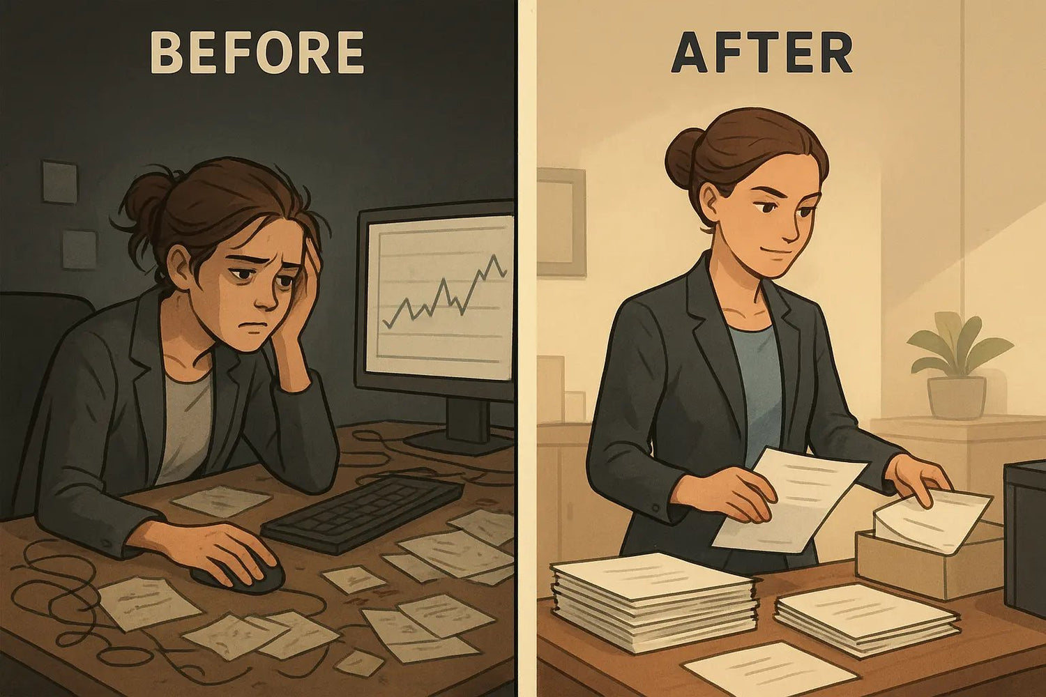 Split panel showing a stressed woman overwhelmed by complex work, then productively organising her desk with focused energy.