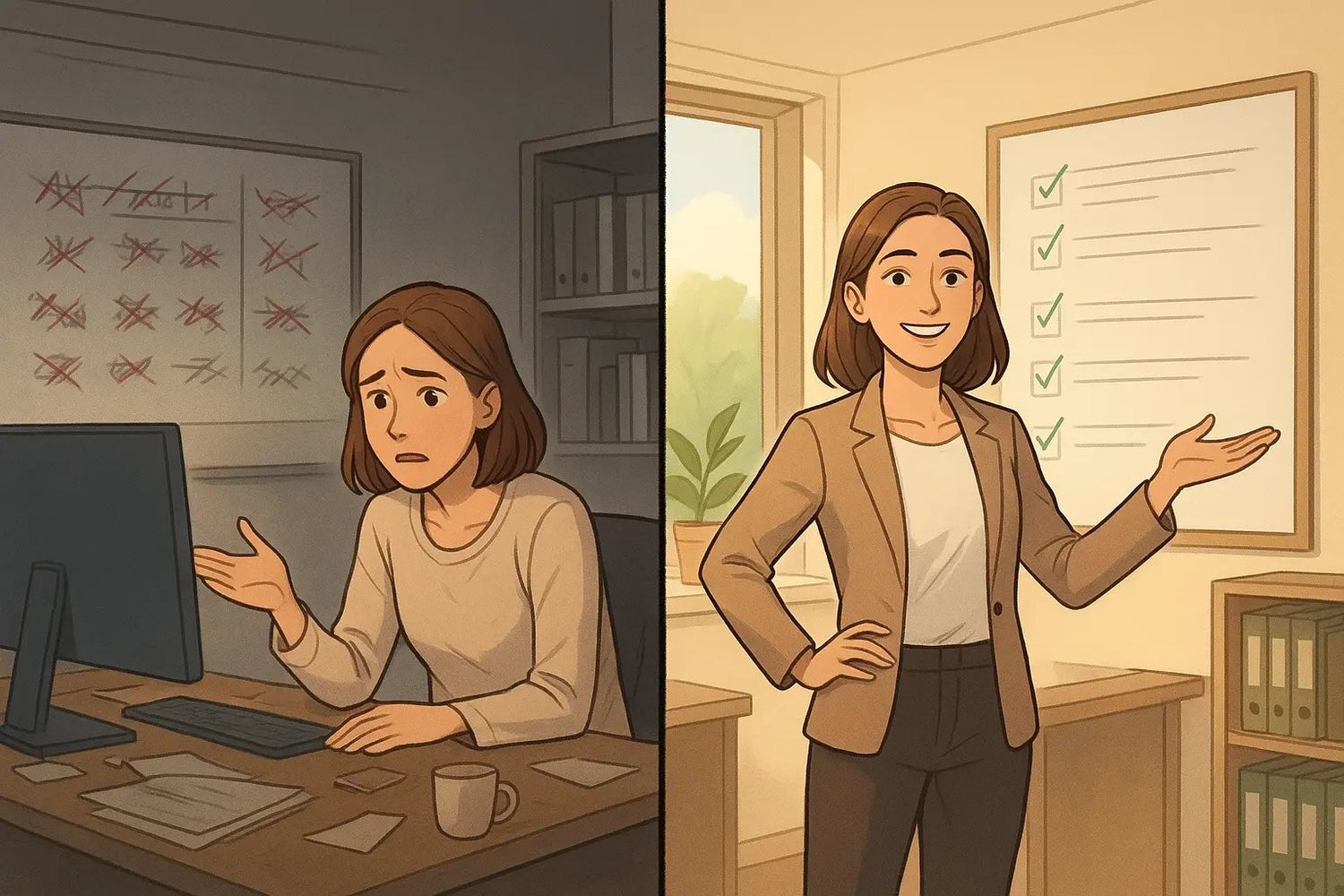Split illustration of a professional woman transforming from overwhelmed at a cluttered desk to confident with completed tasks