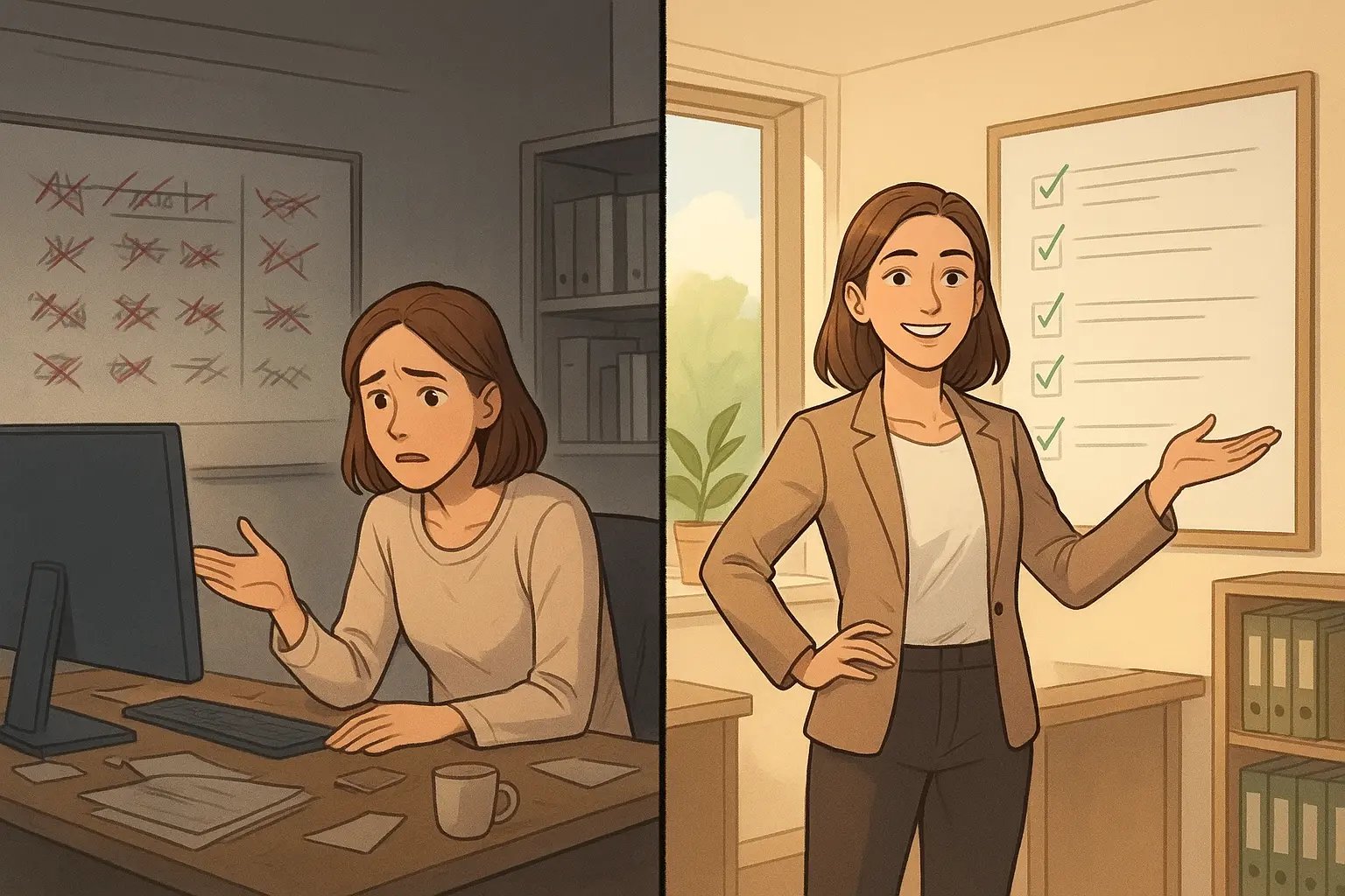 Split illustration of a professional woman transforming from overwhelmed at a cluttered desk to confident with completed tasks