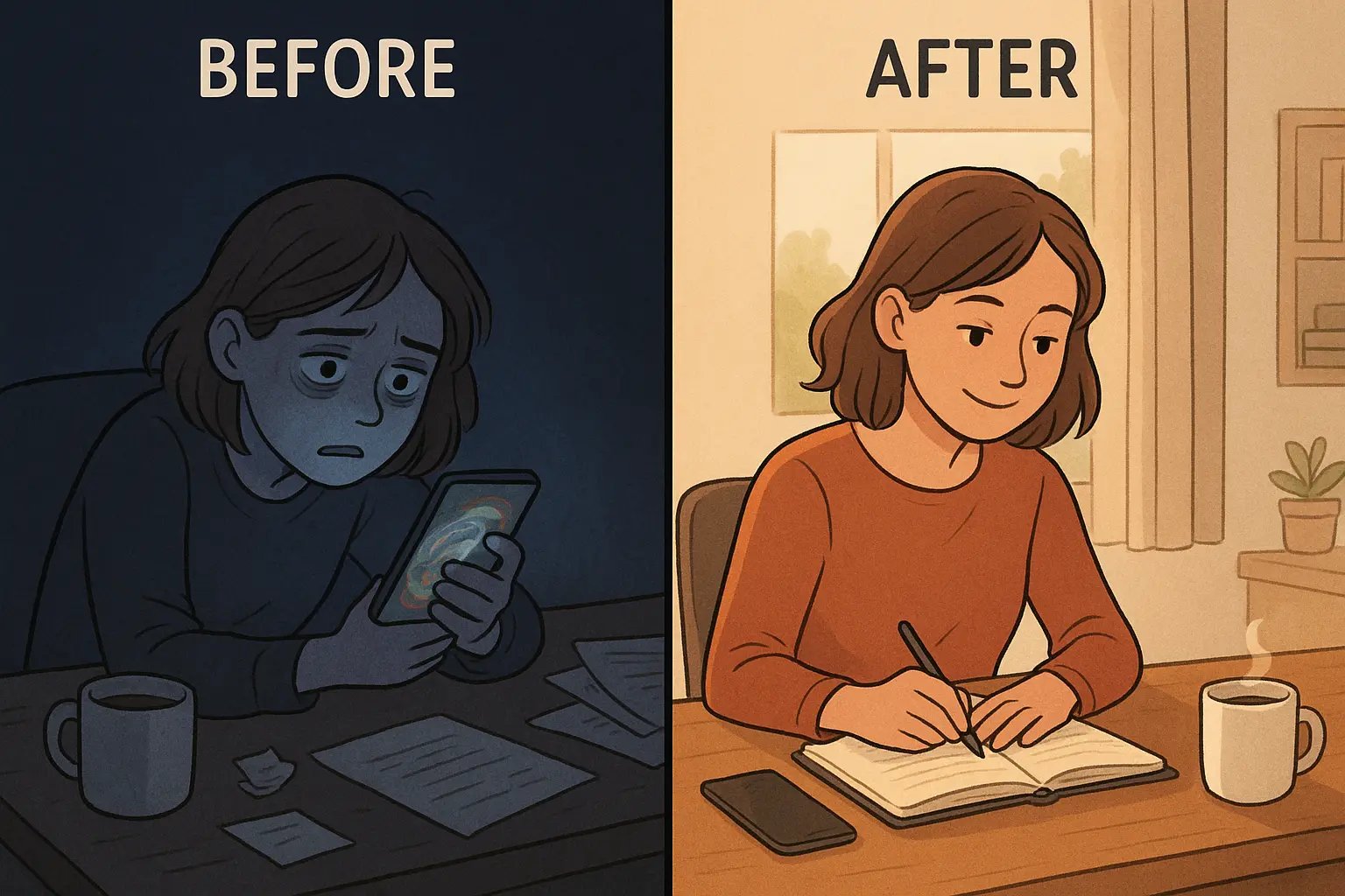 Woman transforming from overwhelmed phone scrolling to calm productivity with phone set aside in organised workspace