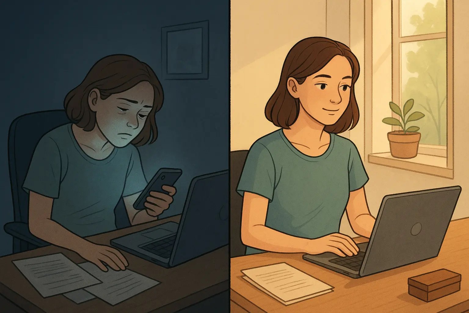 Woman transforms from distracted phone scrolling to focused work after placing phone in a box on her organised desk.