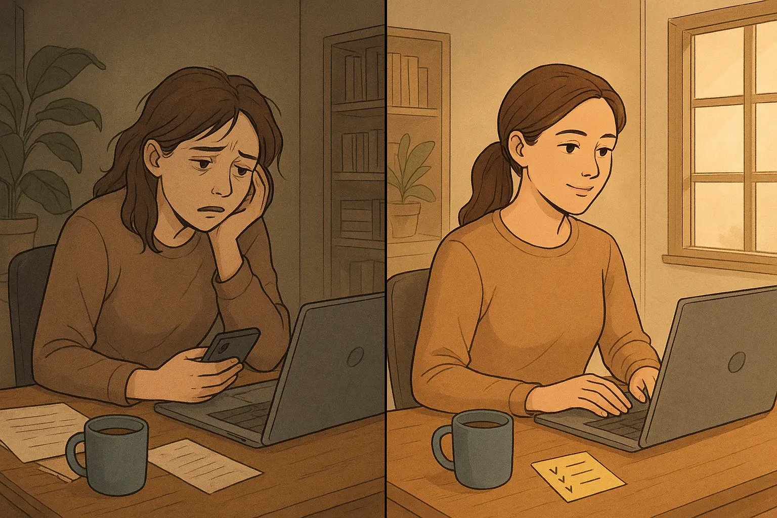 Woman transforms from phone-scrolling procrastination to focused work using a sticky note checklist of warning signs