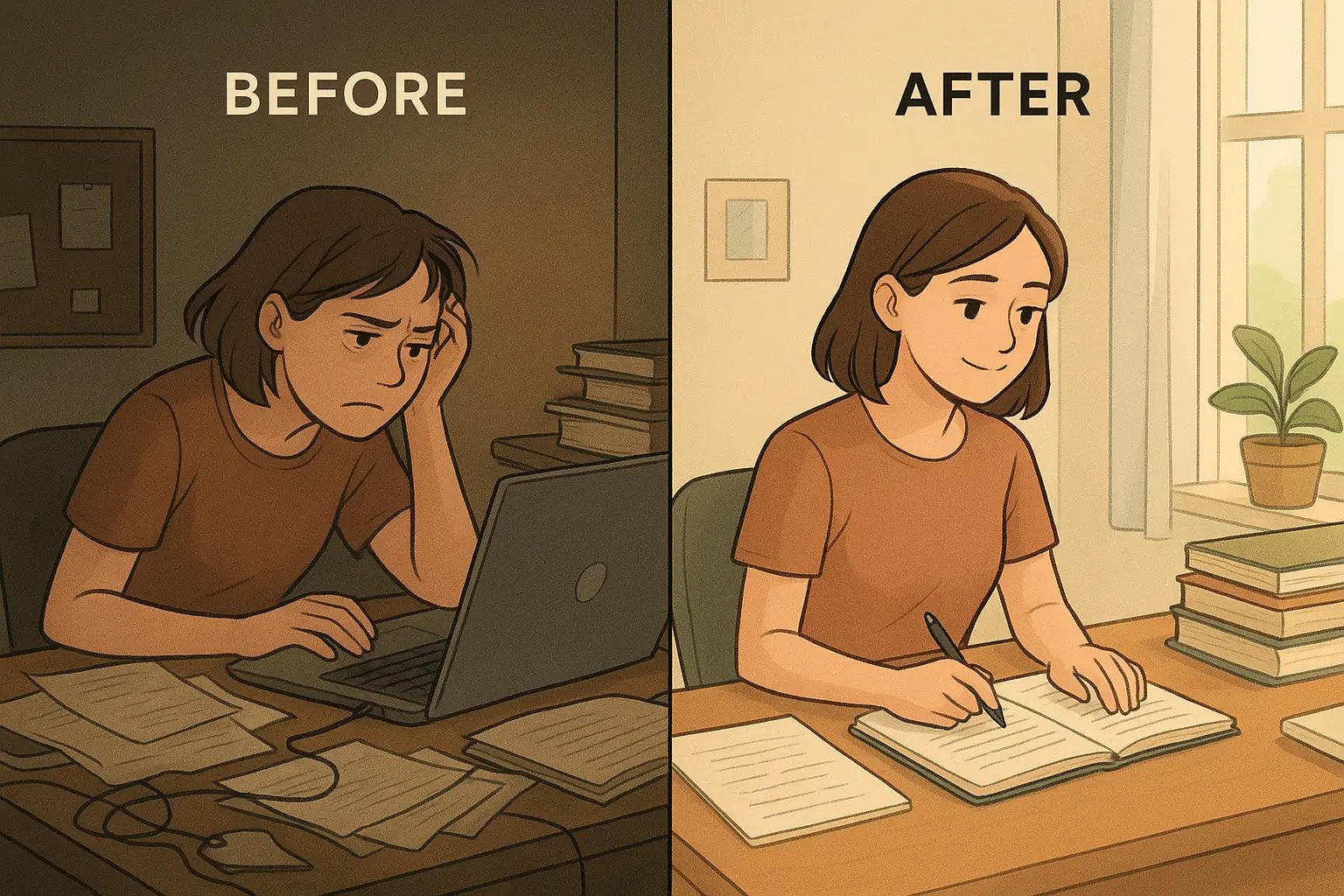 Split panel illustration showing student's transformation from stressed, chaotic copying to calm, organised paraphrasing from notes