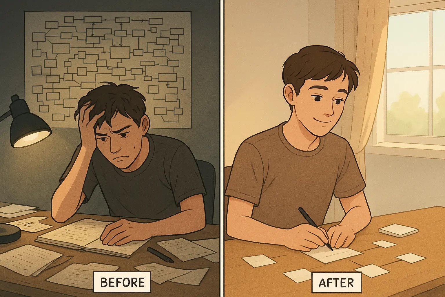 Split panel showing a student's transformation from overwhelmed at a cluttered desk to calm and focused with an organised note-taking system