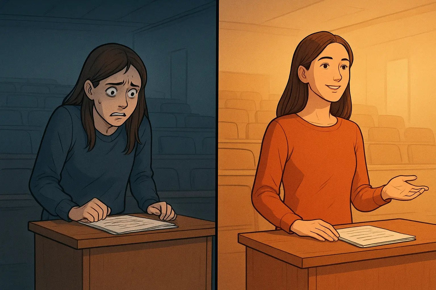 University student confidently presenting at a lectern after managing her presentation nerves