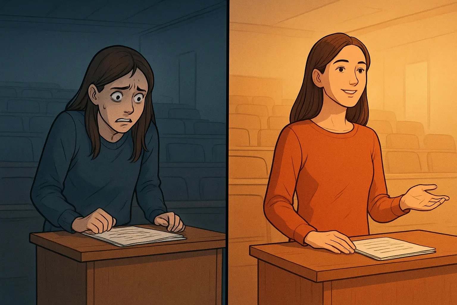 University student confidently presenting at a lectern after managing her presentation nerves