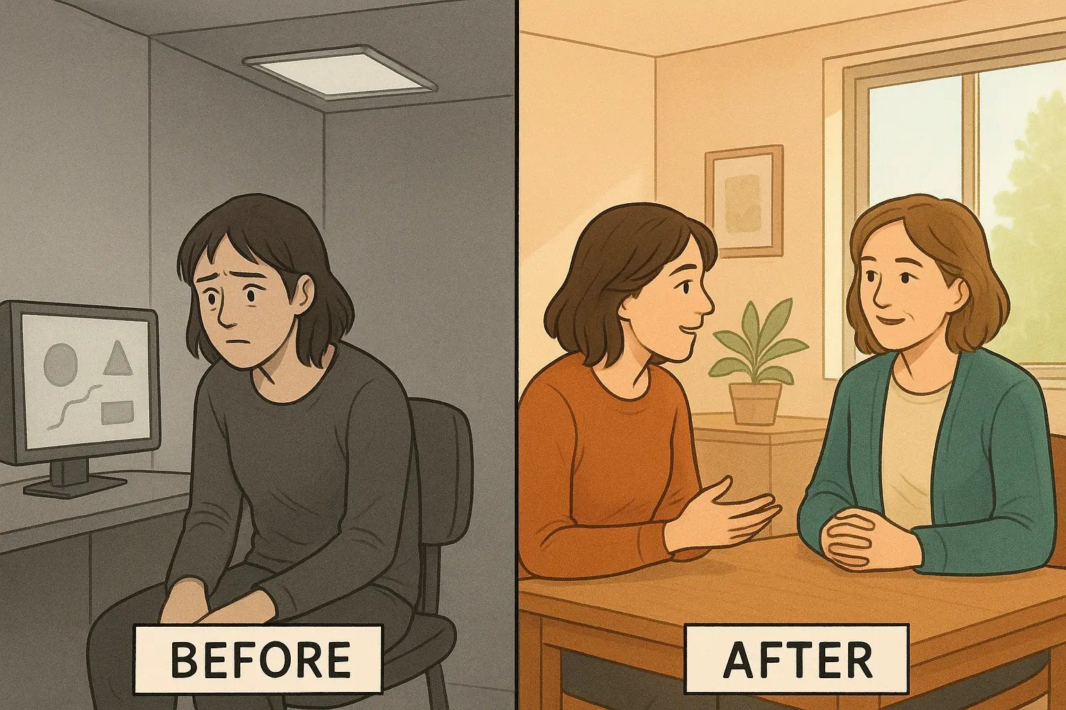 Split panel showing a woman alone at a computer test versus a warm consultation with a clinician for neurodivergent assessment