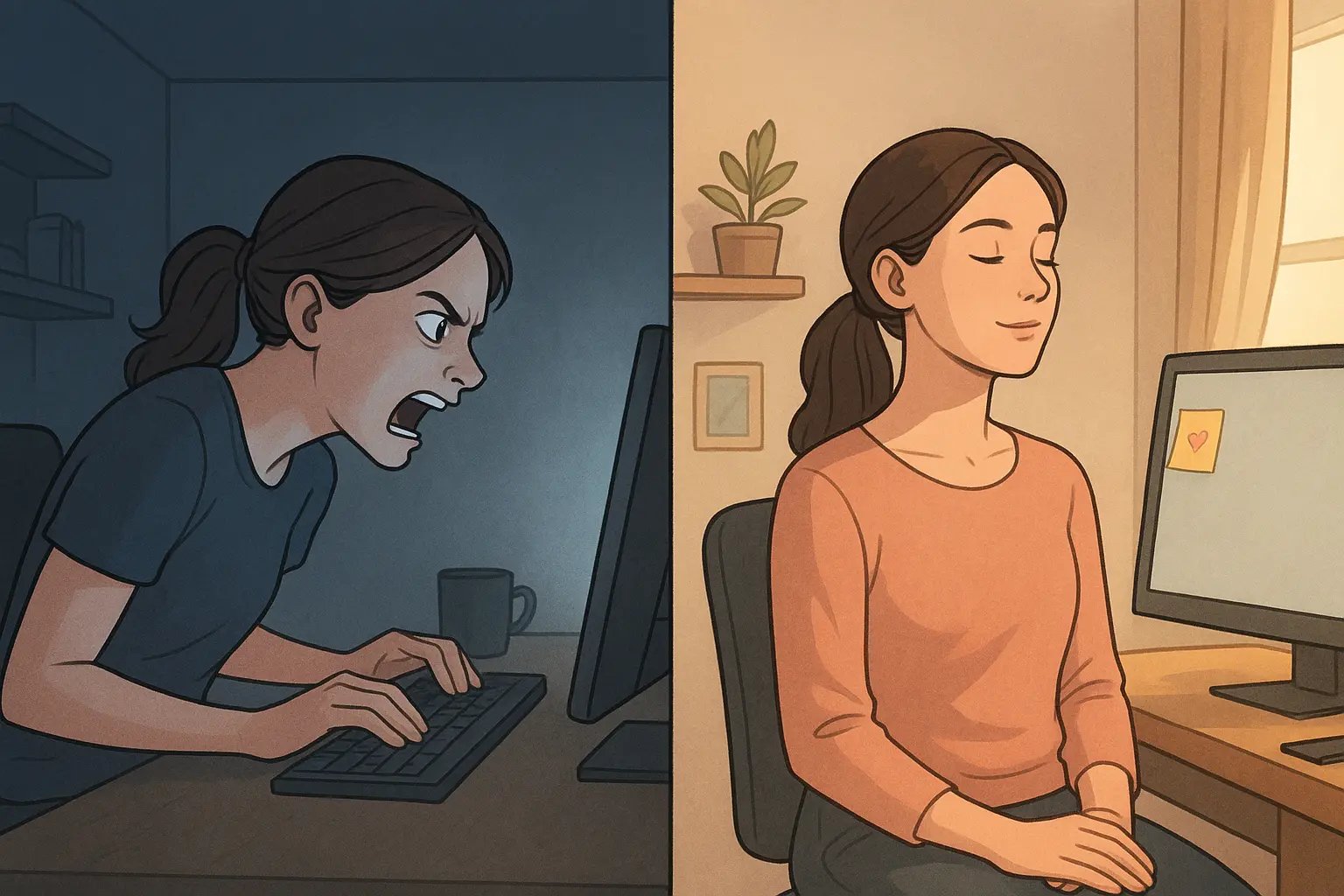 Woman at desk transforms from stressed and angry to calm and composed by using a prepared note with helpful responses