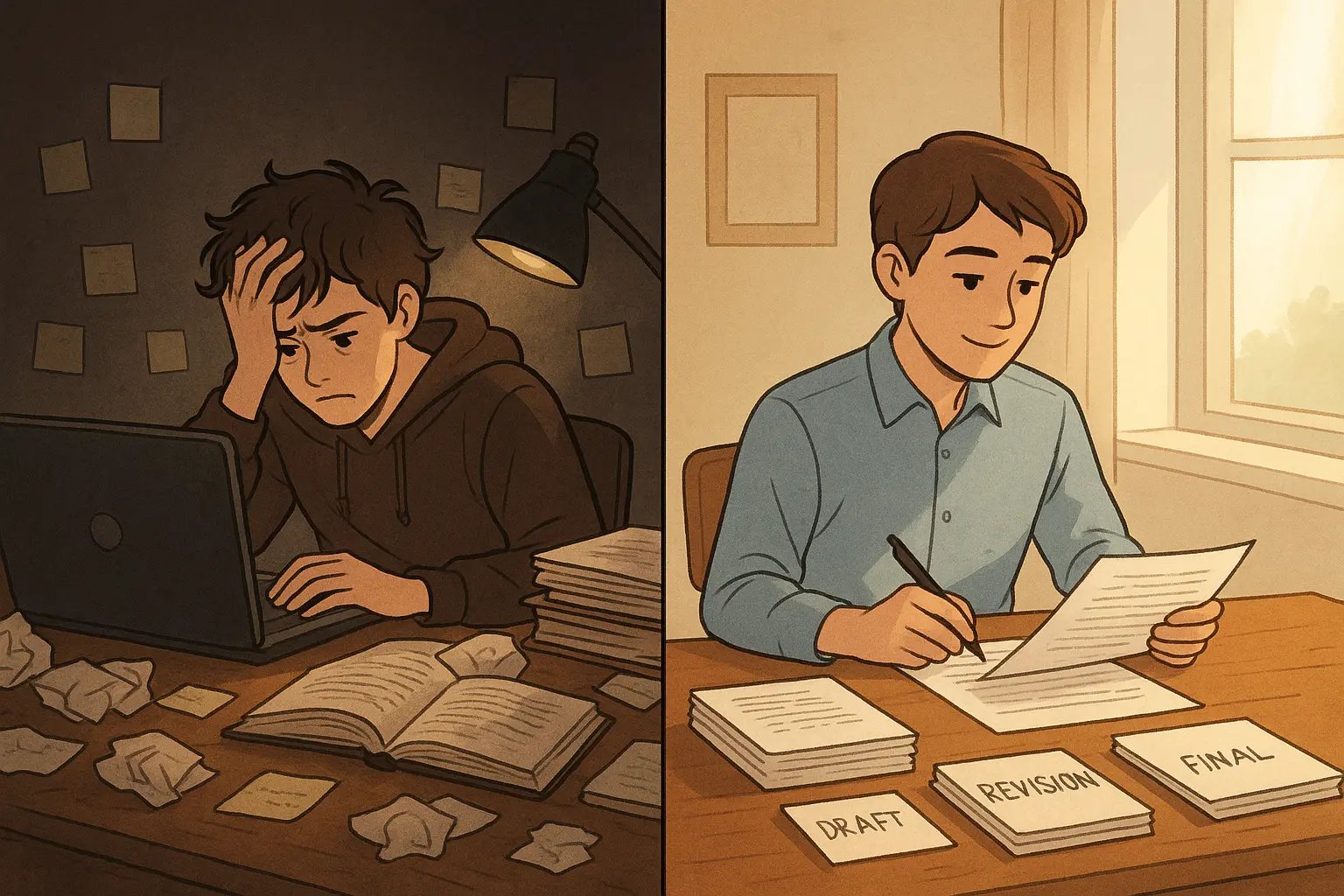 Split-panel showing a student transforming from overwhelmed at a messy desk to calm and focused with organised layered revision