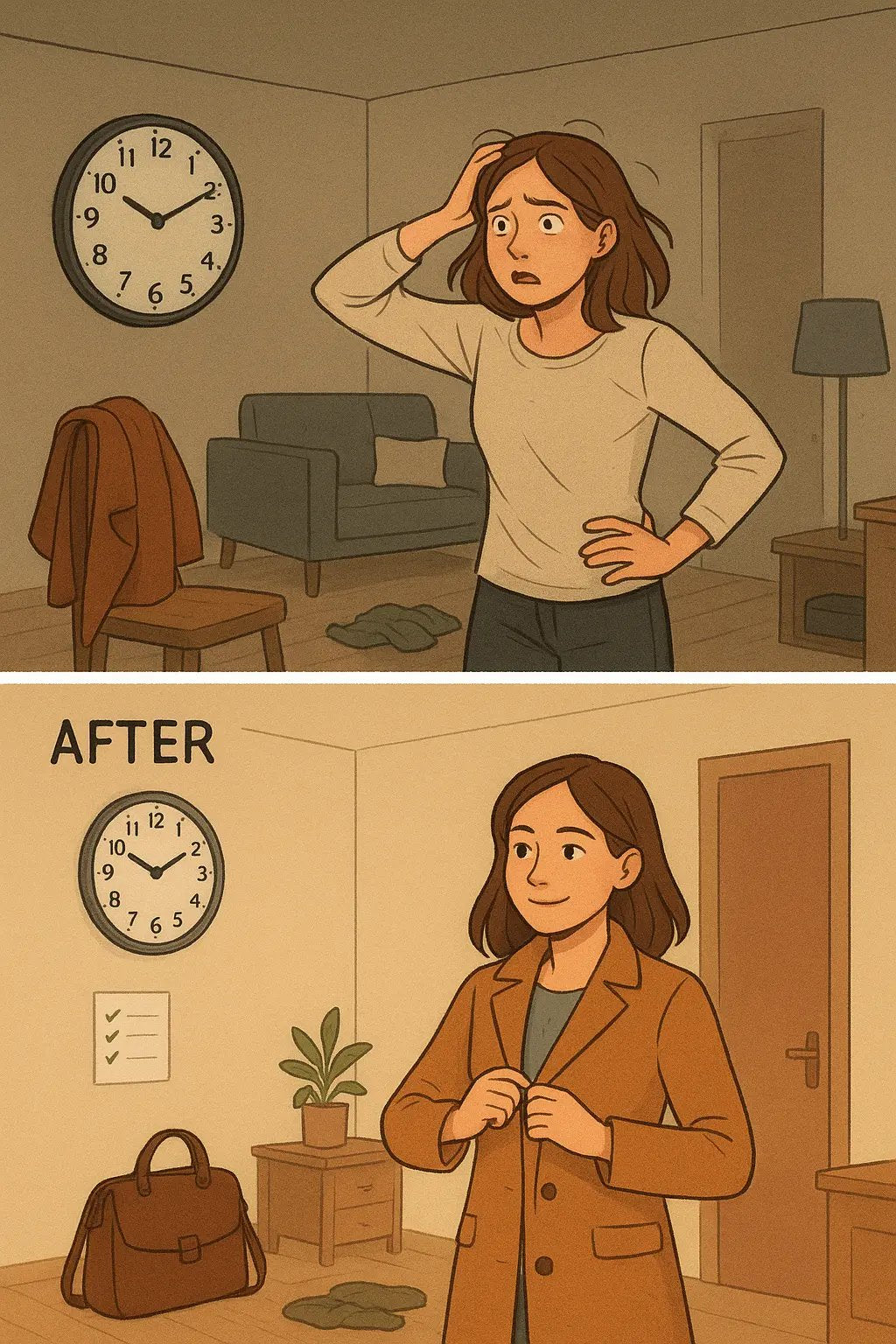 Woman transforming from stressed and rushing in messy room to calm and organised with step-by-step checklist, ready to leave early.