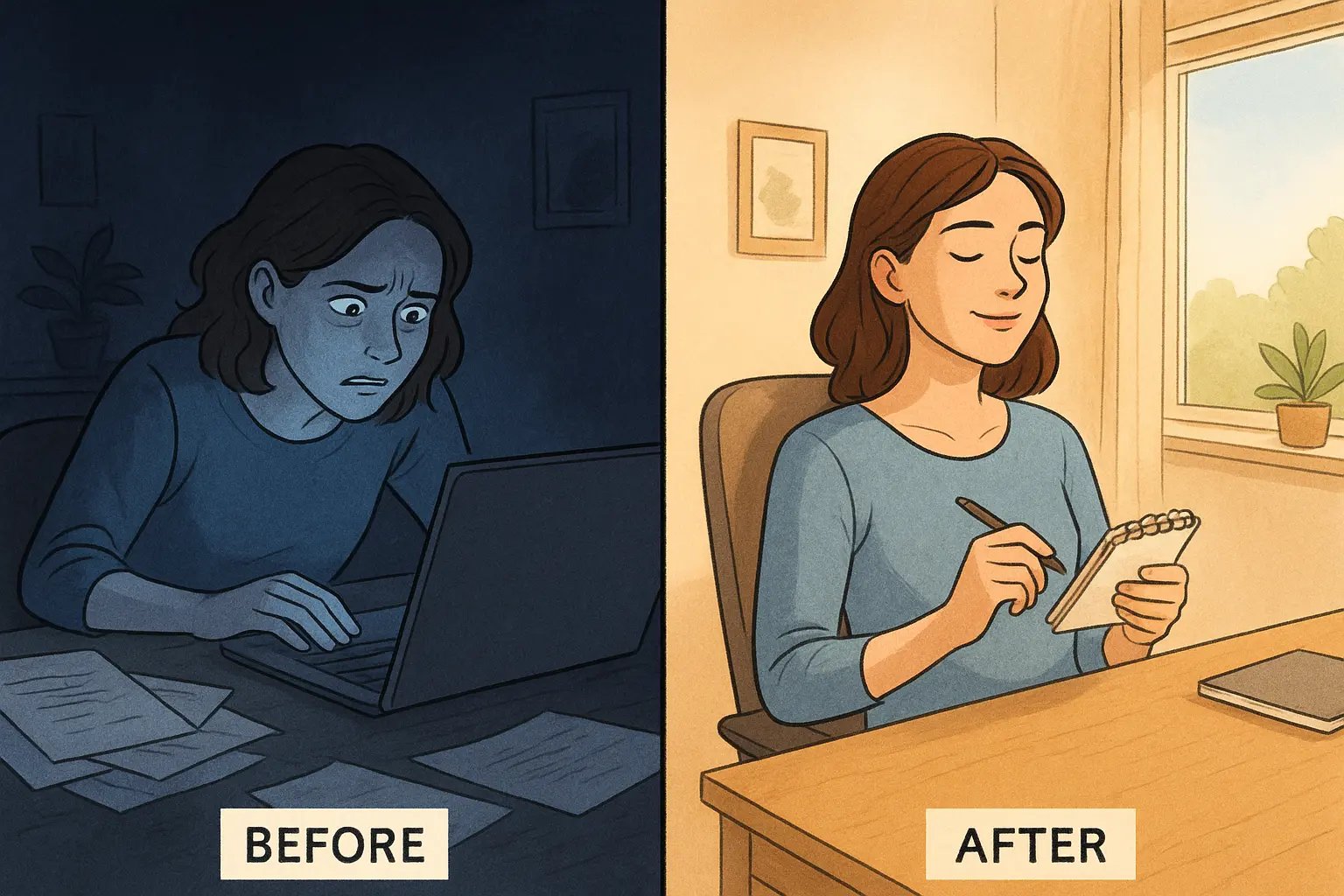 Woman at desk transforms from stressed to calm after pausing to write her thoughts before making a decision