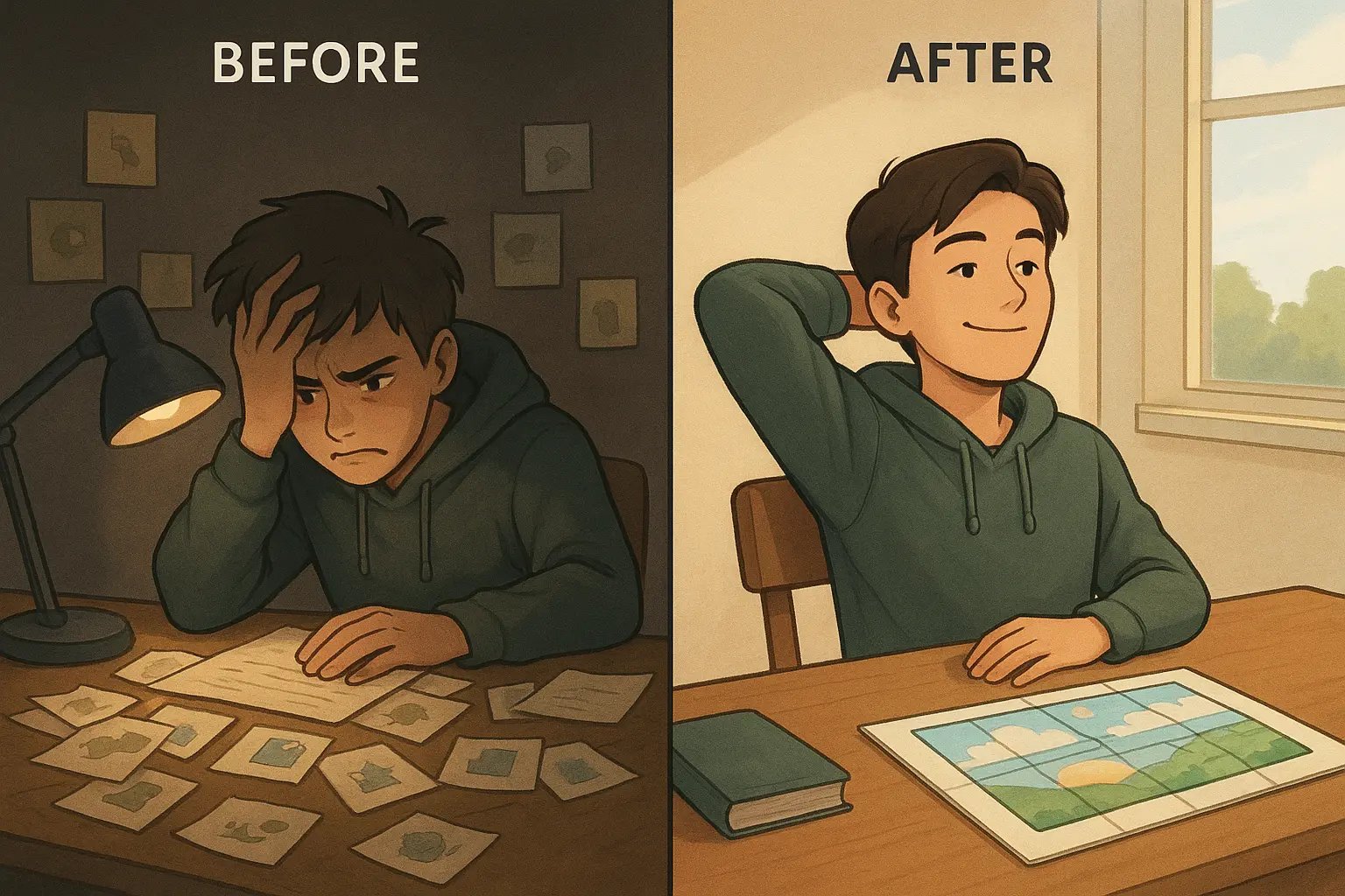 Split illustration showing student's desk transformation: chaotic scattered notes on left, organised unified notes forming clear picture on right