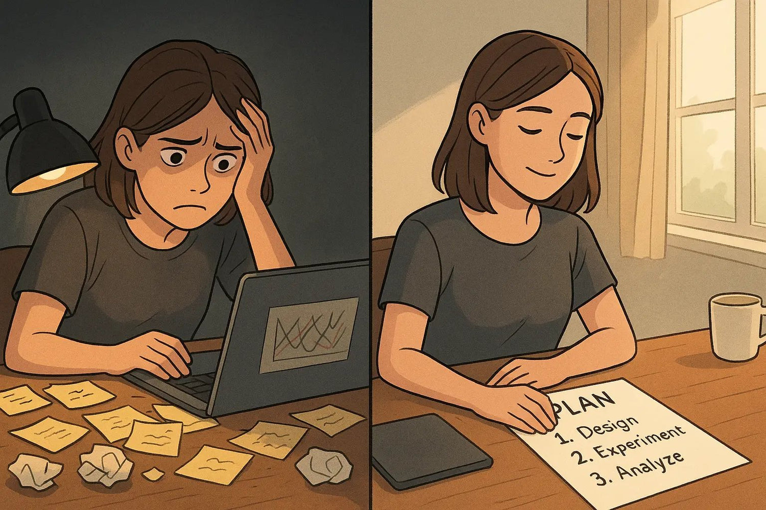 Split-panel illustration showing a woman's transformation from overwhelmed by messy notes to calm with a clear, organised self-experiment plan.