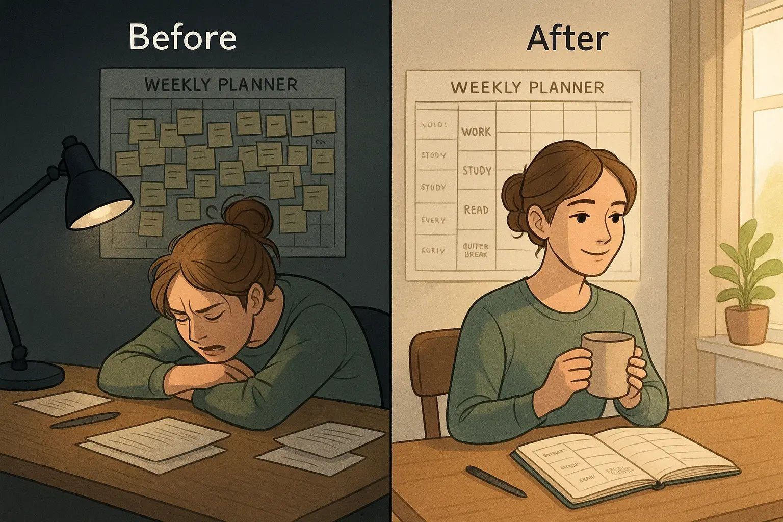 Split panel showing a woman transforming from overwhelmed at a cluttered desk to calm with an organised planner and buffer breaks.