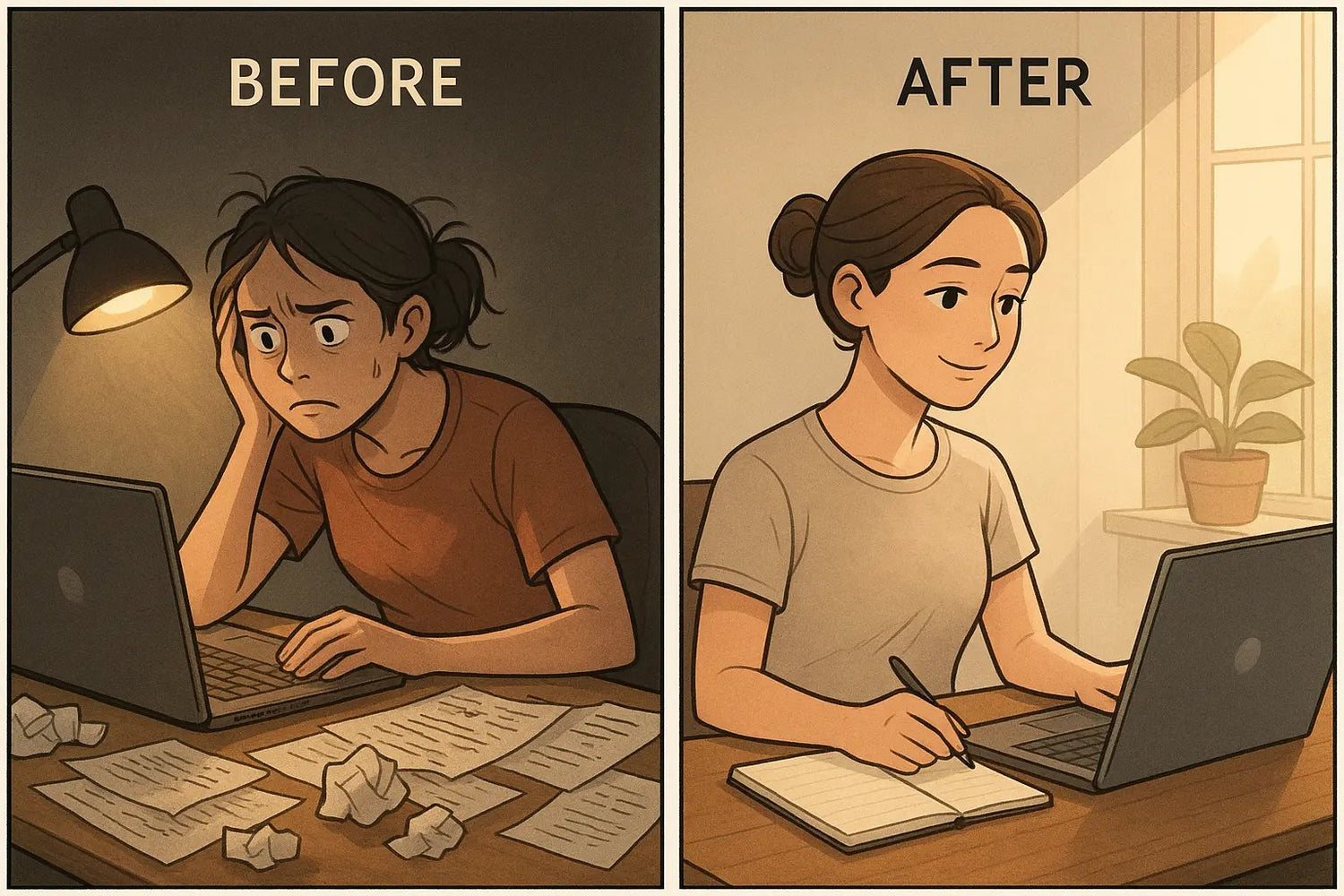 Before-and-after illustration showing student transformation from chaotic self-study to calm, organised learning with structured online course