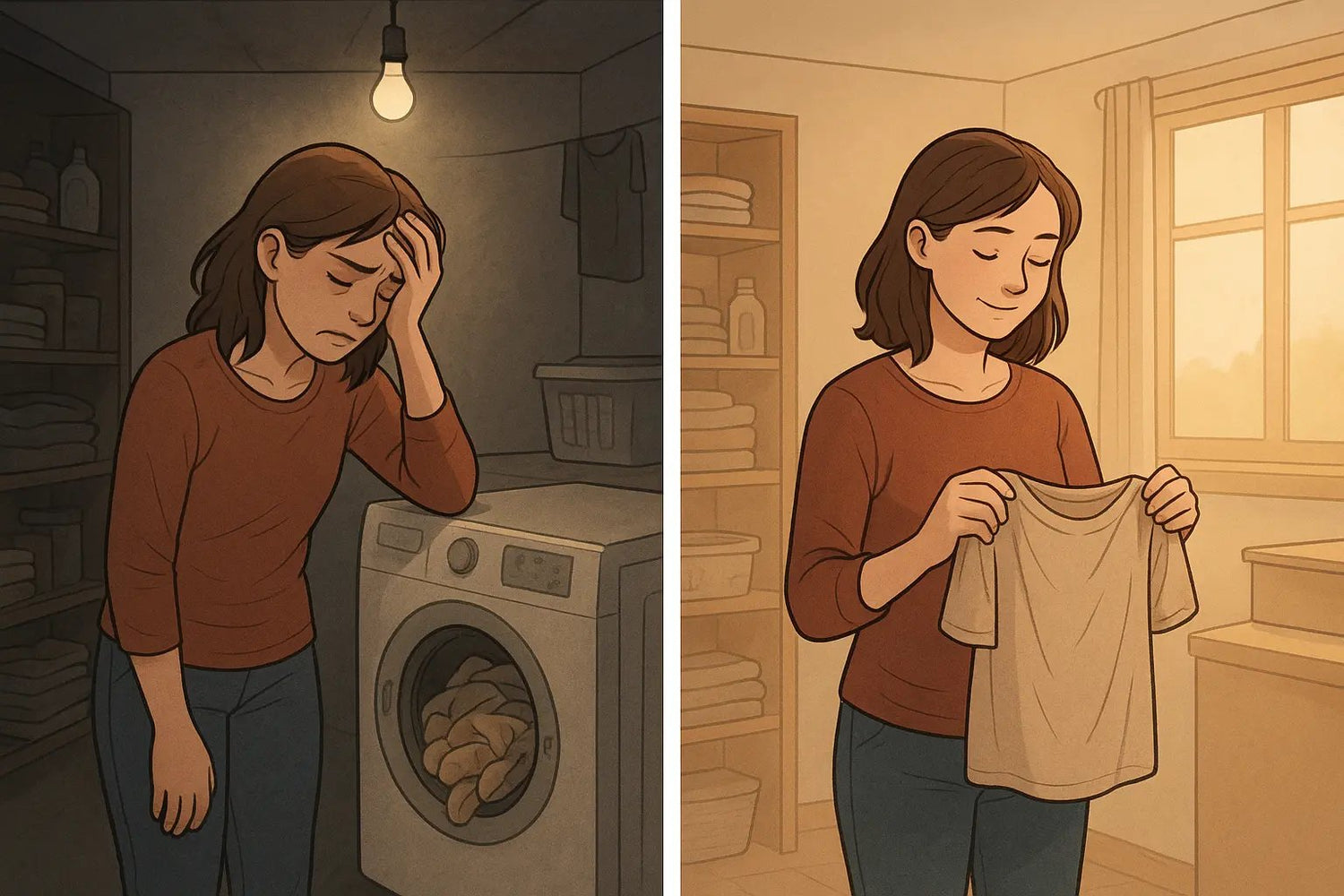 Split panel showing a woman's transformation from shame to calm acceptance when discovering forgotten laundry in the washing machine