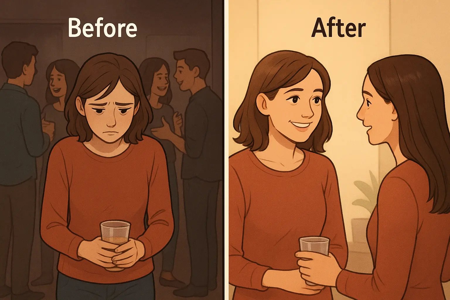 A woman at a party transforms from anxious isolation to confident conversation, smiling and engaged with another person.