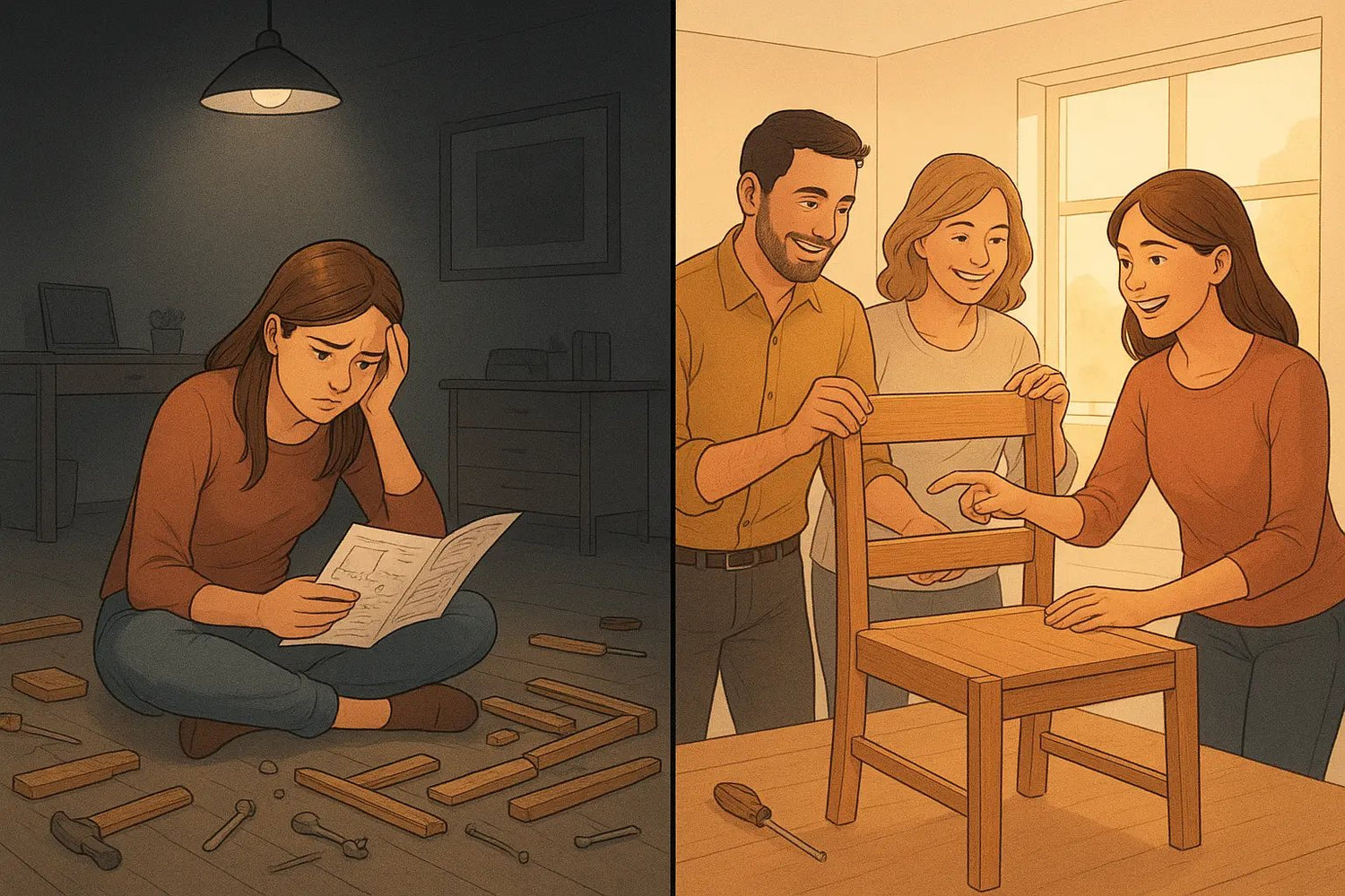 Woman transforming from struggling alone with a complex chair assembly to successfully collaborating with a supportive team in a bright office.