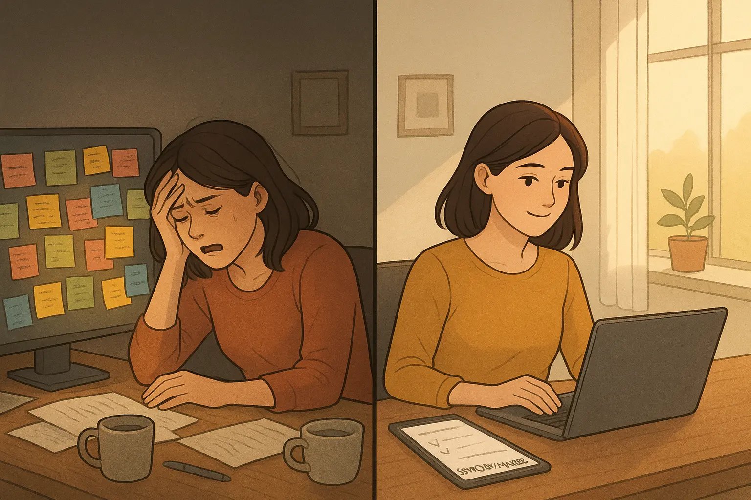 Split panel showing transformation from overwhelmed desk covered in sticky notes to calm, focused workspace with organised digital list