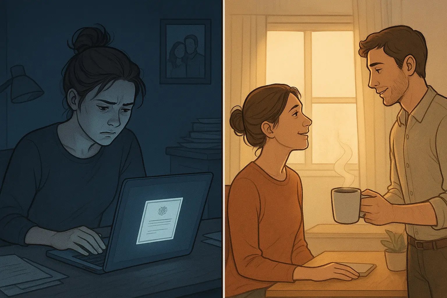 Woman transforming from stressed at laptop with prestigious invite to peaceful time with partner in warm, sunlit home office