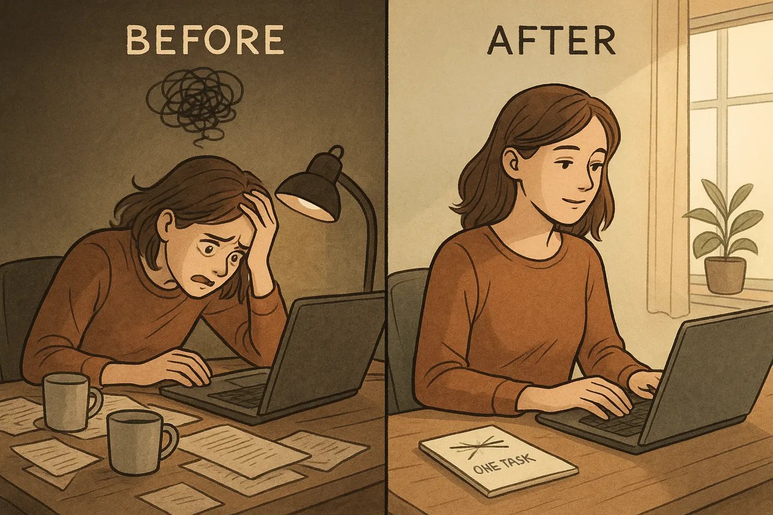 Woman transforms from stressed at a chaotic desk to calm and focused at a tidy workspace after completing a simple thought check exercise.
