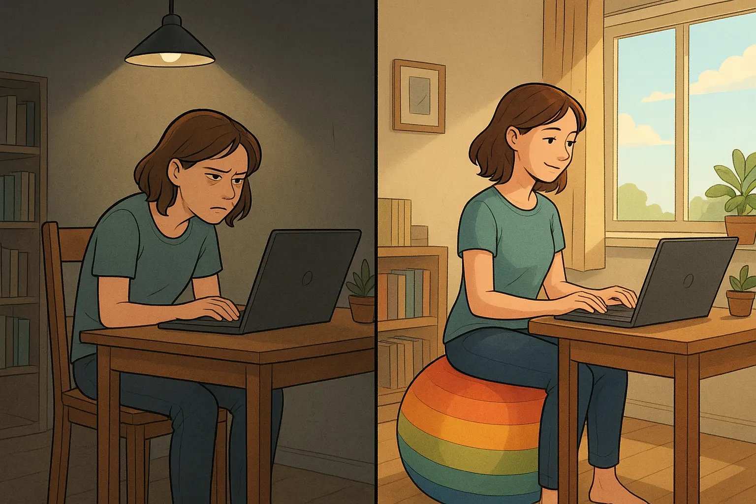 Woman sitting on exercise ball at desk, focused and calm, compared to frustrated posture in rigid chair