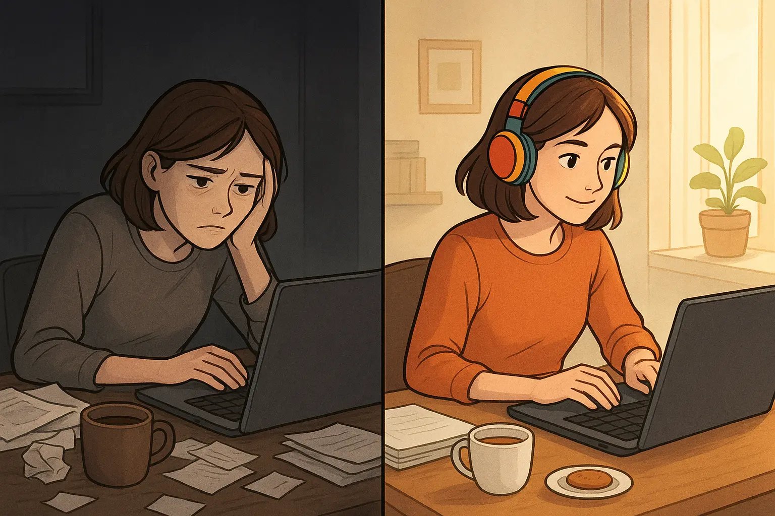 Before and after scene of a woman at her desk: overwhelmed and stuck on the left, focused and productive with headphones on the right.