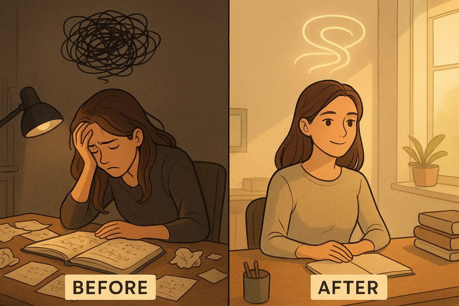 Split illustration showing student transformation from overwhelmed in cluttered room to calm and focused in organised bright space