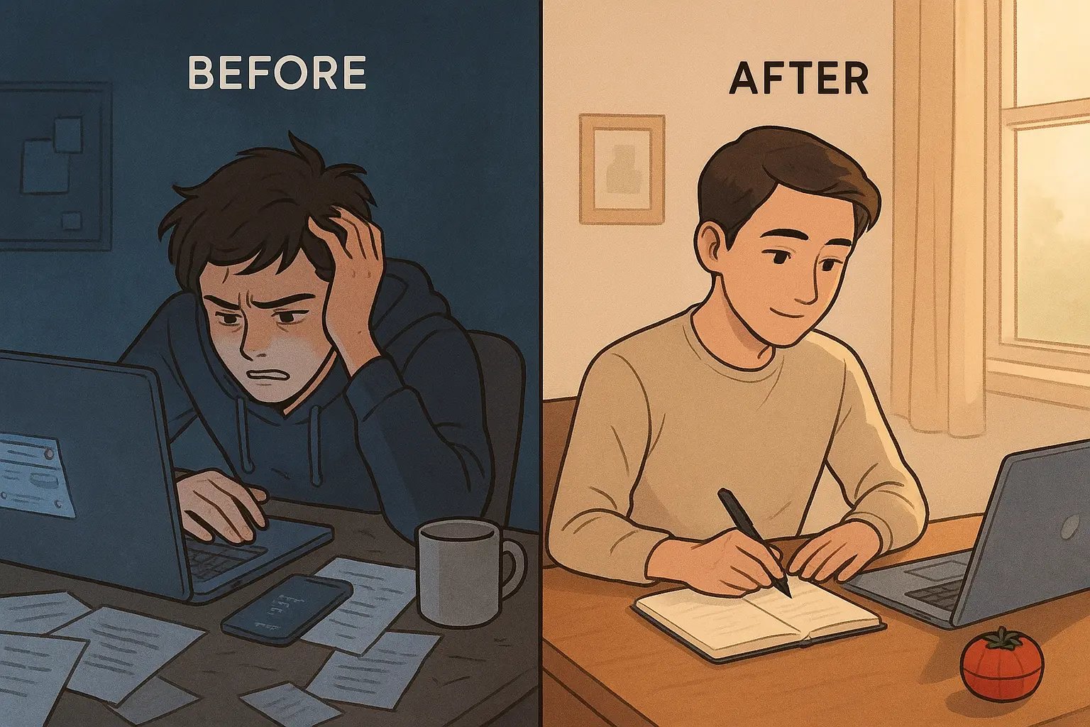 Split-panel showing student transformation from cluttered overwhelmed desk to calm organised workspace with kitchen timer