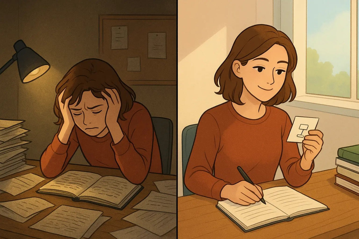 A before-and-after image of a student transforming from overwhelmed at a messy desk to calm and focused using a switchboard card.