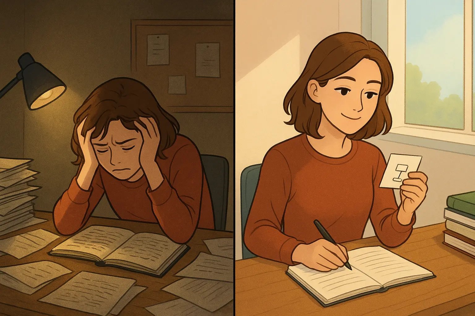 A before-and-after image of a student transforming from overwhelmed at a messy desk to calm and focused using a switchboard card.