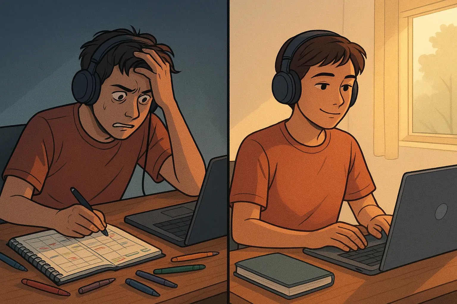 Split-panel illustration showing a student overwhelmed by multiple changes on the left, and calm with one focused change on the right
