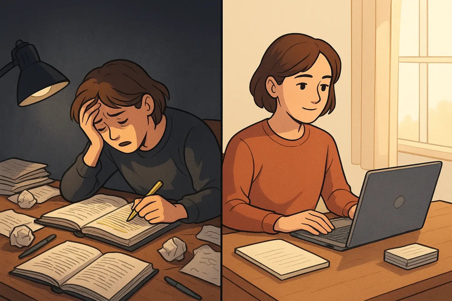 Split panel showing a student's transformation from stressed at a messy desk to calm and focused at an organised study setup