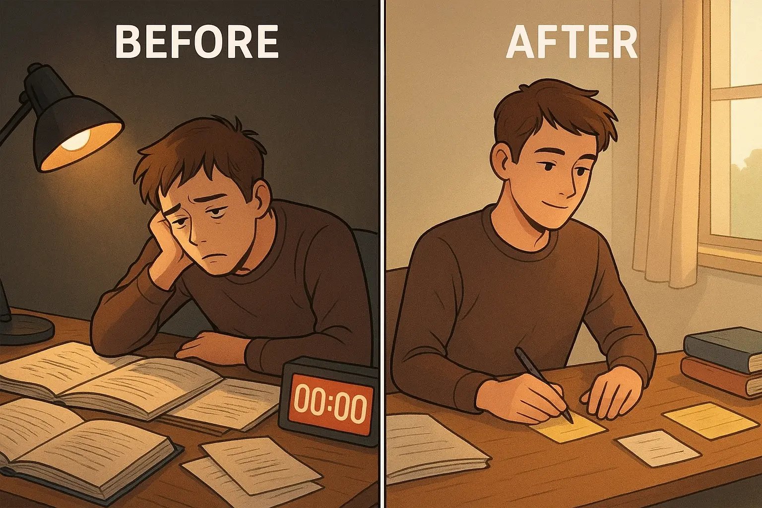 Split-panel showing student transformation from overwhelmed at timer end to calmly writing next task with clarity