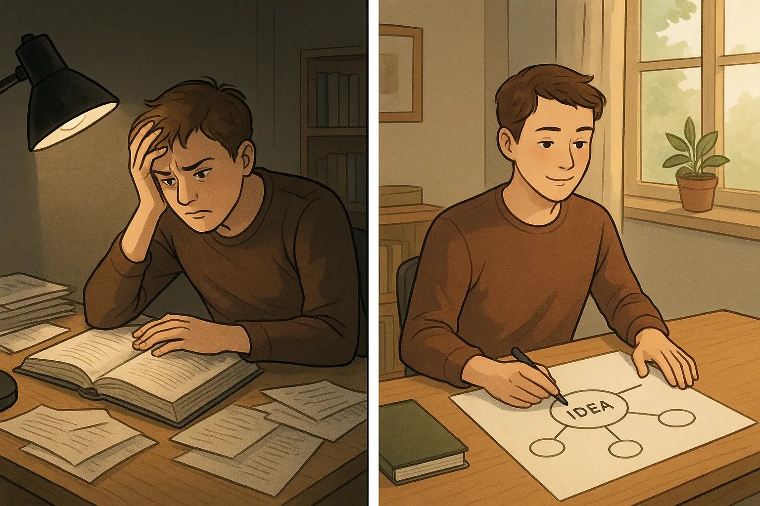 Student transforming from stressed at messy desk to calm and focused with organised mind map