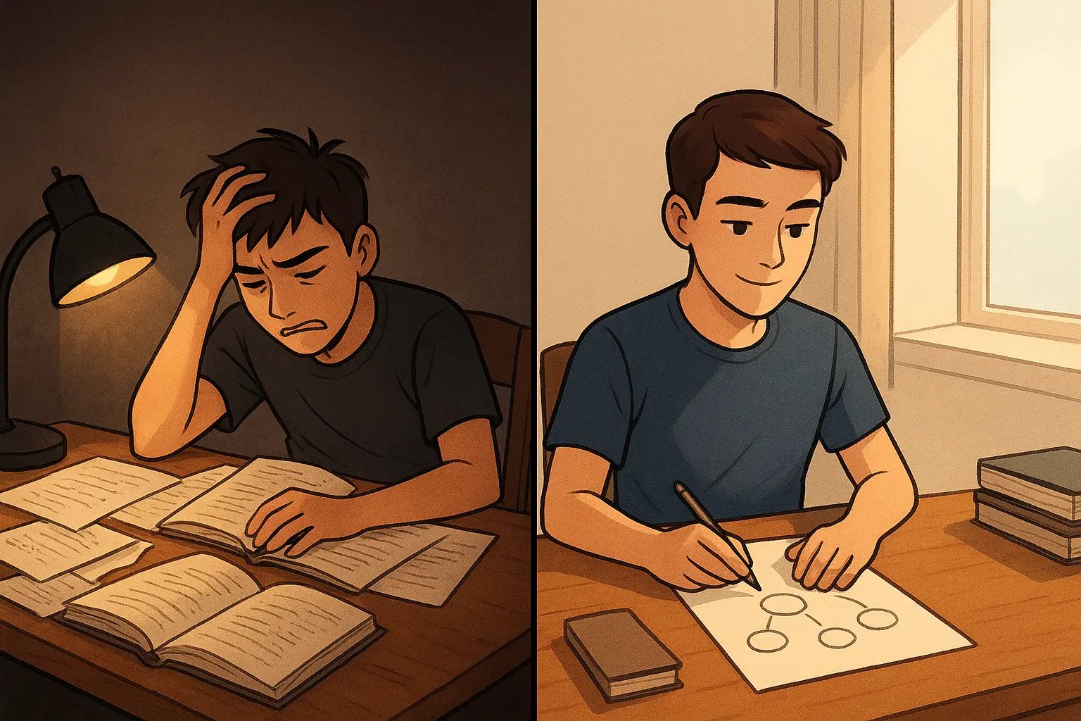 Before and after study scene showing student transforming from cluttered desk chaos to calm focus with a simple hand-drawn concept map