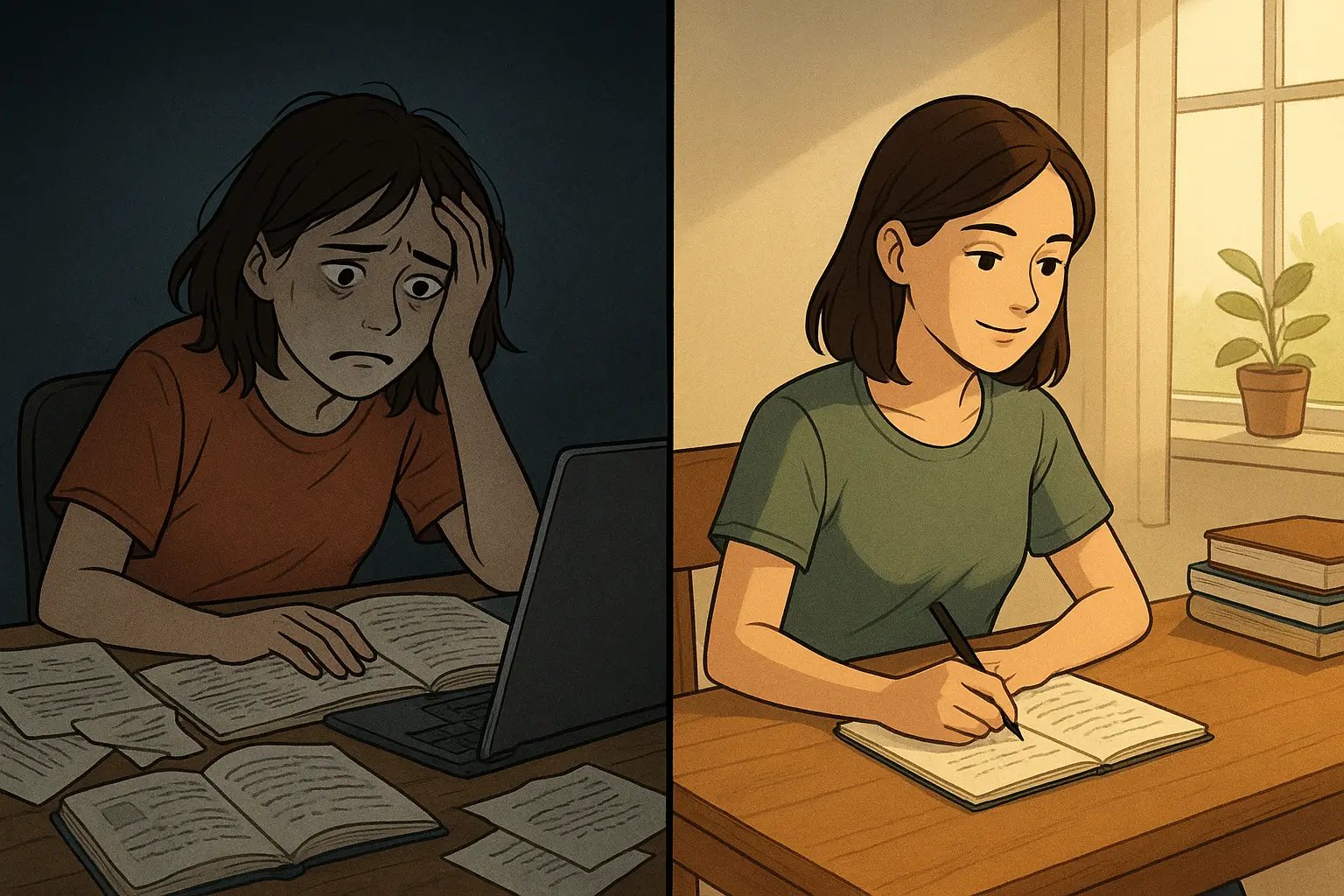 University student transforming from overwhelmed at a messy desk to calm and focused at an organised workspace.