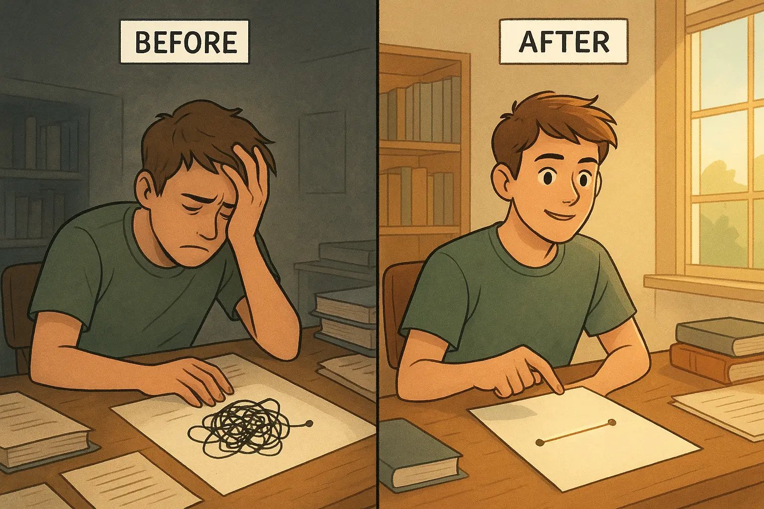 Student's before-after transformation: frustrated with tangled argument lines, then confident with a single clear reasoning line