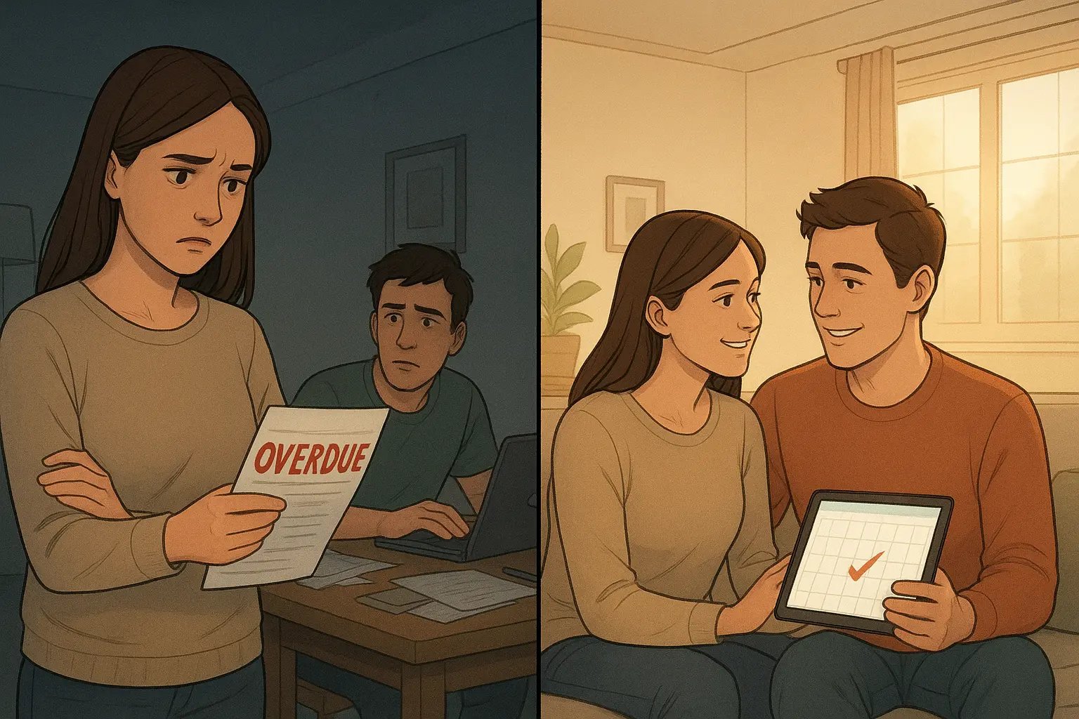 A couple transitions from tension over a missed bill to warm collaboration on the sofa, working together on a calendar app.