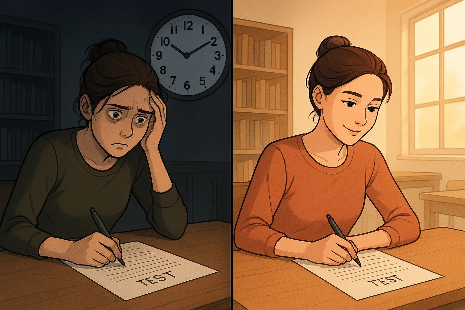 Student at desk showing transformation from stressed during timed test to calm and focused with extended time