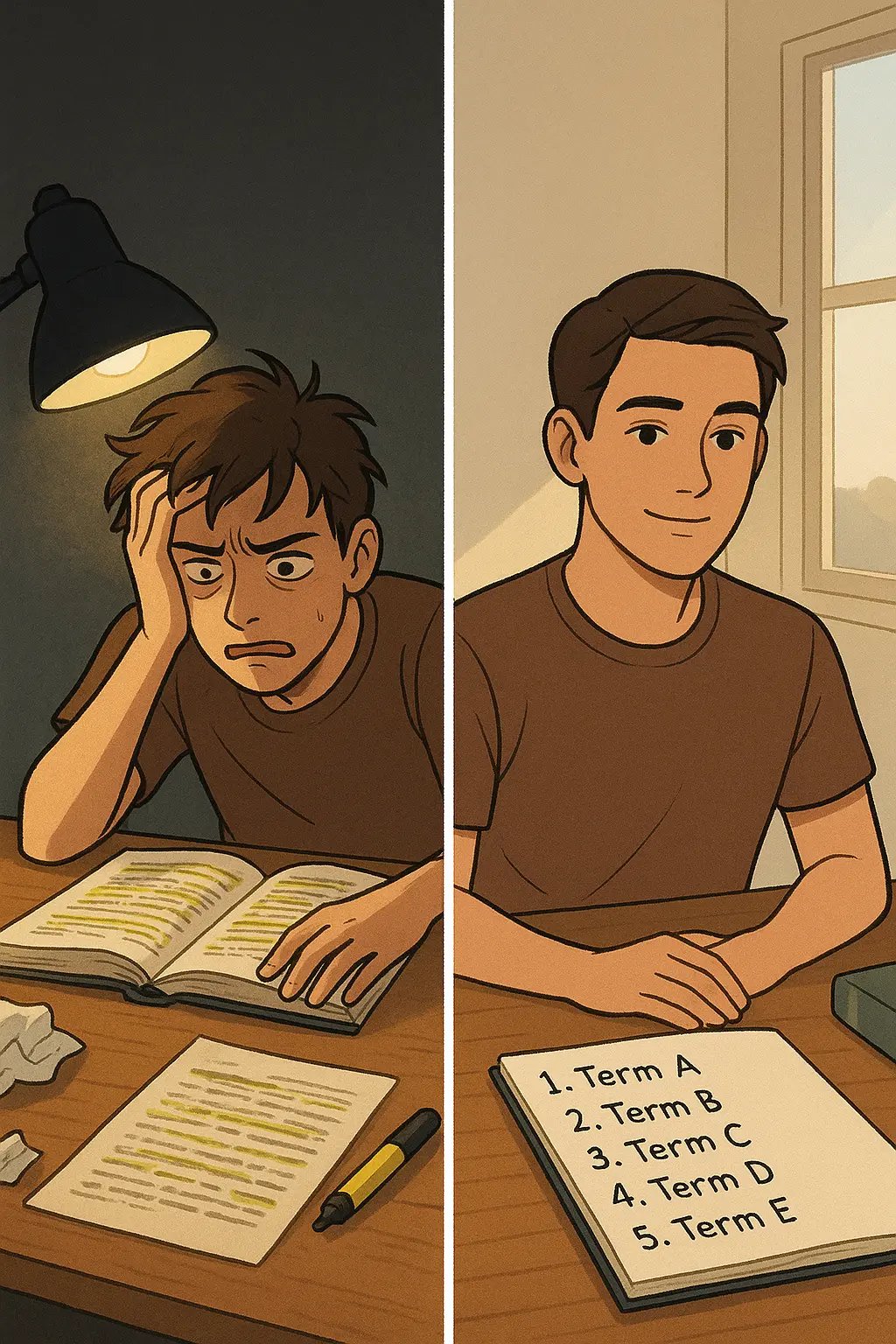 Student transforming from overwhelmed with highlighted textbook to calm with a neat 10-word outline in notebook