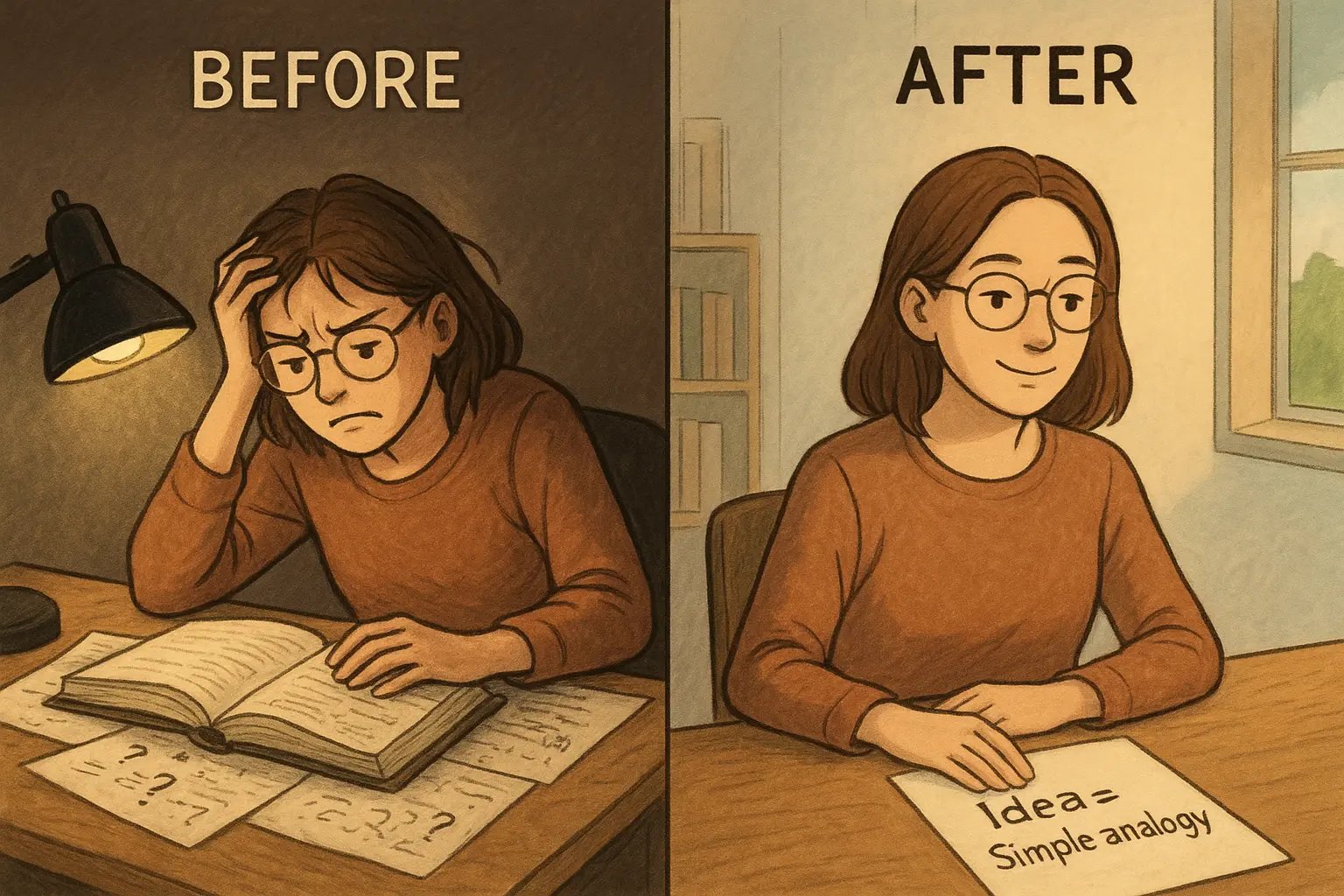 Split panel showing a student's transformation from overwhelmed with textbooks to confident with a simple diagram